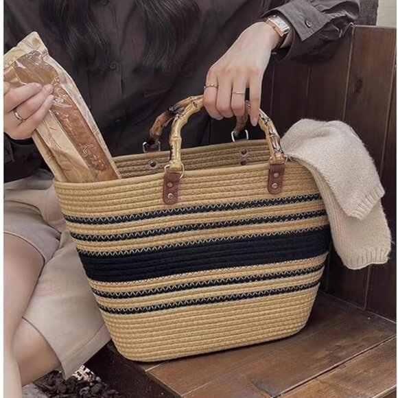 Neiman Marcus Khaki & Black Resin Bamboo Handle Cotton Thread Tote Bag - Picture 2 of 4